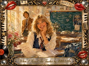 A radiant young woman sits dreamily at a classroom desk while her smiling teacher stands behind her in warm afternoon light. Golden, nostalgic brushwork blends oil and watercolor textures, with flowers, books, chalkboard notes, and ABBA imagery. An ornate musical frame features red lips, piano keys, records, microphones, and shimmering disco balls.