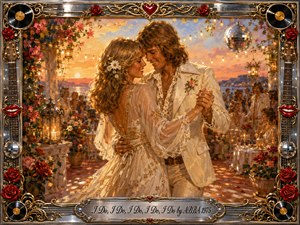 A joyful 1970s couple dances closely on a flower-filled terrace at sunset, surrounded by glowing lanterns, string lights, and celebrating guests. Warm gold, cream, rose, and coral tones create a tender nostalgic mood. Rich oil-paint textures and soft highlights are framed by ornate chrome, gold filigree, roses, records, and disco details.