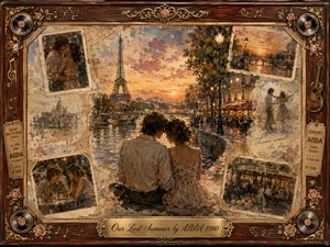 A nostalgic Parisian summer unfolds beside the Seine, where a young couple sits together beneath a glowing sunset and the Eiffel Tower. Warm amber, rose, and muted blue tones blend through textured painterly layers, surrounded by faded photographs, tickets, roses, records, and ornate rosewood framing, evoking tender, bittersweet memories.