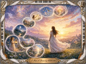 A dreamy woman in a flowing white dress overlooks a glowing sunset village while feather-edged memory bubbles curve through the sky, revealing moonlit paths, flowers, birds, and radiant imagined worlds. Soft gold, lavender, and blue light create a hopeful, nostalgic mood, framed by ornate piano keys, feathers, guitars, and musical details.
