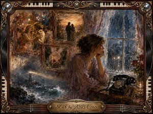 A sorrowful woman sits beside a rain-streaked window and vintage telephone, surrounded by fading romantic memories in ornate frames. Stormy blue-gray seas and a distant lighthouse contrast with warm amber dance scenes. Rich oil-and-watercolor textures, roses, piano keys, gold filigree, and musical details create a nostalgic, heartbroken atmosphere.