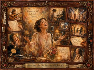 A joyful singer stands at the heart of a warm nostalgic music collage, surrounded by rosewood-framed memories of childhood, piano, concerts, records, lyrics, and dancing. Golden amber light, creamy highlights, roses, candles, and vintage instruments create a tender celebratory mood, rendered in richly textured oil, acrylic, and watercolor style.