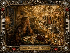 A wistful woman sits beside scattered money, coins, and a handbag, gazing toward a dazzling fantasy of chandeliers, diamonds, luxury cars, and elegant nightlife. Rich gold, black, and amber tones glow beneath theatrical lighting. Painterly realism, swirling dreamlike motion, disco mirrors, musical ornaments, and an ornate engraved frame heighten the glamorous mood.