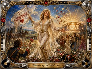 A radiant woman in a flowing white and gold costume raises a surrender flag amid a romanticized Napoleonic battlefield transformed into a joyful celebration. Golden sunlight, blue skies, flowers, dancers, and a glowing LOVE stage create exuberant warmth. Rich oil-paint textures blend history, disco glamour, ornate chrome, gold, records, microphones, and piano details.