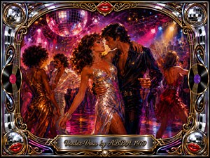 A glamorous couple embraces on a crowded 1970s disco dance floor beneath sparkling mirror balls and vivid stage lights. Magenta, crimson, gold, and electric blue reflections create a seductive, energetic mood. Painterly textures animate the dancers, while an ornate chrome-and-gold frame features vinyl records, musical strings, and bright red lips.