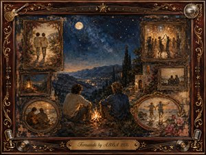 A nostalgic moonlit collage frames two figures beside a glowing campfire overlooking distant mountains and village lights. Deep blue skies, warm amber highlights, roses, guitars, records, microphones, and ornate gold details enrich the composition. Painterly oil and watercolor textures evoke tenderness, remembrance, friendship, and the gentle passage of time.