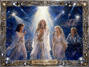 A radiant pop singer stands beneath a brilliant white spotlight, surrounded by three performers on a glittering concert stage. Deep blues, silver, gold, and ivory create a glamorous yet tender mood. Expressive oil-painted brushwork, cheering crowds, sparkling lights, disco motifs, and an ornate chrome-and-gold musical frame heighten the nostalgic atmosphere.