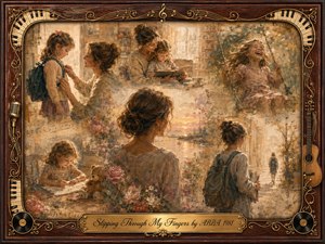 A tender mother-daughter memory collage unfolds in warm sepia, cream, rose, and amber tones, blending childhood scenes, school mornings, quiet reading, and carefree laughter. Soft golden light and painterly textures create a nostalgic, bittersweet mood, framed by dark rosewood, piano keys, musical motifs, vinyl records, and an engraved title plate.