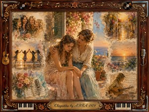 A sorrowful young woman sits in a sunlit Mediterranean courtyard while a caring companion gently comforts her. Faded memories of friendship, dancing, music, flowers, and seaside sunsets surround them in a warm collage. Soft gold, rose, aqua, and cream tones glow through painterly oil, acrylic, and watercolor textures.