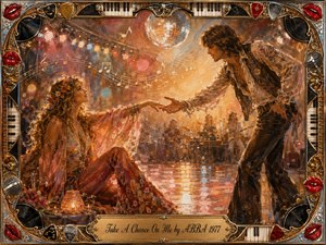 A romantic 1970s dance-hall scene shows a flower-crowned woman reaching toward an inviting man beneath a glittering disco ball. Warm amber, coral, gold, and rose tones glow through painterly brushwork. Musical notes sweep across the composition, while ornate chrome, piano keys, records, guitar picks, red lips, and microphones enrich the decorative frame.