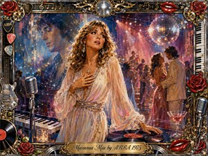 A glamorous 1970s woman stands amid a sparkling disco nightclub, surrounded by dancers, vinyl records, microphones, piano keys, roses, and mirrored lights. Rich blues, magentas, golds, and silvers glow beneath theatrical spotlights. Painterly oil and acrylic textures create a romantic, nostalgic mood, framed with ornate musical details and a polished engraved title plate.