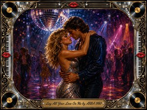 A glamorous couple embraces beneath a glittering disco ball on a crowded 1980s dance floor, surrounded by violet, blue, gold, and crimson light. Richly textured painterly brushwork heightens the romantic intensity, while mirrored tiles, vinyl records, piano keys, gold filigree, red lips, and a polished title plate frame the scene.
