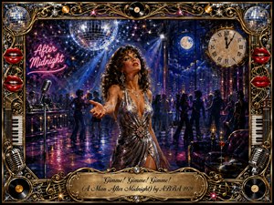 A glamorous woman reaches across a shimmering midnight disco floor beneath a radiant mirror ball, surrounded by shadowy dancers, neon lights, and a moonlit city view. Deep blues, violets, silver, pink, and gold create a romantic, yearning mood, framed by ornate musical details, red lips, records, microphones, and gilded filigree.