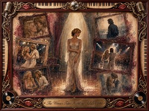 A solitary woman in a shimmering gown stands beneath a warm spotlight, surrounded by tilted rosewood frames holding fading romantic memories, dancing scenes, and quiet separation. Sepia, burgundy, gold, and cream tones create nostalgic melancholy. Painterly watercolor textures blend with ornate musical borders, vinyl records, microphones, piano keys, and an engraved title plate.