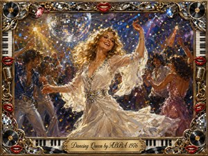 A radiant blonde dancer twirls beneath a glittering disco ball in a crowded 1970s nightclub, surrounded by joyful dancers, confetti, and colored lights. Rich gold, blue, purple, and silver tones glow through expressive oil-painted textures. An ornate musical frame of vinyl records, piano keys, microphones, chrome, and red lips completes the celebratory scene.