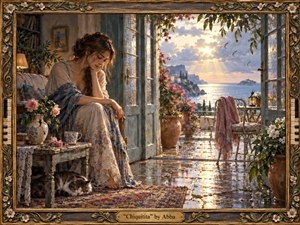 A wistful young woman sits beside open French doors overlooking a rain-washed Mediterranean terrace and glowing sea. Golden sunlight breaks through blue-gray clouds, reflecting across wet stone and surrounding pink blossoms. Rich painterly textures, vintage furnishings, a sleeping cat, and an ornate floral frame create a tender, hopeful, handcrafted atmosphere.