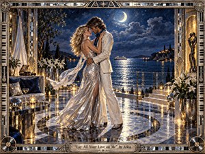 A glamorous couple slow dances at the center of a moonlit seaside terrace, wrapped in longing and devotion. Silver and midnight blue dominate the scene, with candlelight flickering across polished marble, lilies, mirrored accents, and distant water. Painted in a richly textured, cinematic style, the framed composition feels romantic, luxurious, and timeless.