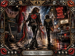 Two swaggering rock musicians stride through a rain-slicked, neon-lit city stage scene, surrounded by amplifiers, guitars, cables, glowing marquees, and smoky crowds. Rich crimson, black, chrome, and gold dominate the dramatic acrylic composition. An ornate rock-themed frame of lips, strings, knobs, and filigree completes the rebellious atmosphere.