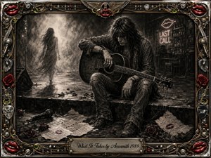 A weary rocker sits on a dim stage clutching an acoustic guitar as a ghostlike woman fades into smoky distance. Deep charcoal textures, dramatic shadows, scattered roses, torn lyrics, and a fallen microphone create a mood of heartbreak and regret. An ornate chrome-and-gold frame with red lips surrounds the melancholy scene.