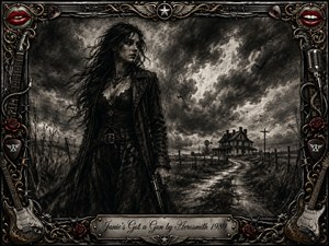 A windswept woman stands solemnly on a desolate country road, holding a pistol low beneath turbulent storm clouds. Deep charcoal textures, smoky grays, and stark highlights create a haunted, cinematic mood. An ornate chrome-and-gold rock-inspired frame surrounds the scene with guitars, roses, red lips, wires, and an engraved title plate.