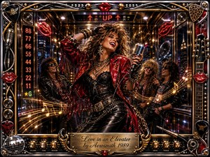 A glamorous rock singer commands a chrome-and-gold elevator, surrounded by laughing bandmates, neon lips, glowing floor numbers, and swirling musical notes. Crimson, black, gold, and silver dominate under dramatic city-night lighting. The richly detailed digital painting uses mirrored reflections, microphones, guitars, speakers, and ornate rock-themed framing for an energetic 1980s atmosphere.