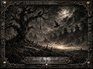 A twisted oak and hanging noose dominate a bleak moonlit landscape, while ravens circle above ghostly jurors emerging from storm clouds and mist. Deep charcoal textures, smoky grays, muted sepia, and sharp highlights create a haunting Gothic mood. An ornate rusted-metal frame with skulls, wire, gold filigree, and engraved title plate completes the composition.
