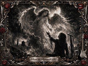 A luminous angel hovers above a smoky nighttime city as a lone rock singer reaches toward her in yearning. Deep charcoal textures, silver moonlight, drifting mist, and dramatic shadows create a romantic, melancholic mood. An ornate chrome-and-gold frame features guitars, roses, wings, red lips, stars, and musical details.