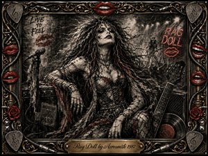 A fierce stitched rag-doll woman commands a smoky backstage rock setting, surrounded by a microphone, guitar, vinyl record, amps, and glowing red neon. Deep feathered charcoal textures, blackened shadows, muted grays, and crimson accents create a rebellious gothic mood, framed by ornate gold, chrome, roses, cables, and expressive red lips.