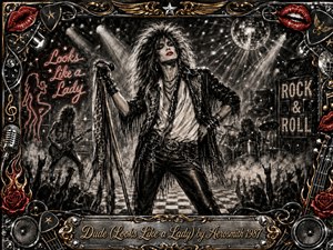 A flamboyant glam-rock singer commands a smoky concert stage, framed by cheering silhouettes, guitarists, drums, neon signs, and a glittering disco ball. Deep charcoal textures dominate, accented by vivid red lips, roses, chrome, and gold ornament. Dramatic spotlights, ornate musical motifs, and the engraved title plate create bold 1980s theatrical energy.