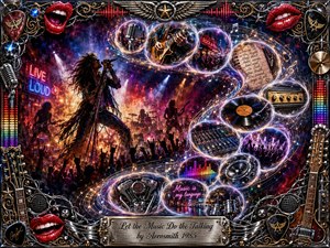 A fiery rock concert explodes beneath smoky crimson, violet, blue, and gold stage lights as a charismatic singer commands the crowd. Feather-edged bubbles sweep in an S-curve, revealing guitars, records, amplifiers, speakers, and mixing gear. An ornate chrome-and-gold musical frame surrounds the richly detailed digital-painting composition.