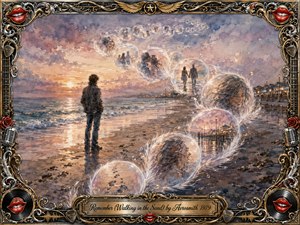 A solitary figure stands on a reflective beach at sunset, surrounded by drifting memory bubbles that curve in an elegant S-shape through the scene. Soft watercolor washes of rose, lavender, blue, and gold create a wistful, romantic mood, framed by ornate chrome-and-gold rock motifs, red lips, roses, records, and microphones.