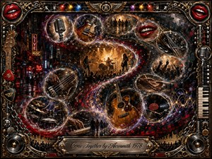 A richly detailed rock-and-roll collage swirls through glowing feathered bubbles, uniting musicians, instruments, crowds, and neon city imagery in a sweeping S-curve. Deep blacks, crimson, chrome, and gold glow under dramatic amber stage light. An ornate music-themed frame, red lips, hardware, and engraved title plate complete the energetic mixed-media composition.