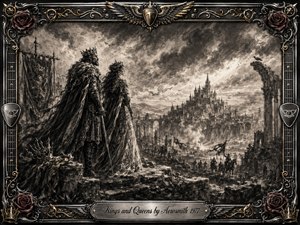 A crowned king and queen overlook a war-scarred medieval kingdom beneath turbulent skies, their flowing cloaks emphasizing a solemn, heroic mood. Deep charcoal textures, smoky grays, and muted gold accents create dramatic depth. Ornate roses, wings, guitar motifs, crowns, and filigree frame the storm-lit scene with regal rock-and-roll grandeur.