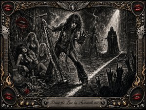 A fierce rock frontman commands a stormy charcoal stage, reaching across a bright dividing line between temptation and reckoning. Smoky figures, guitars, amplifiers, raised hands, lightning, and a shadowy judge deepen the tension. Ornate chrome-and-gold framing, vivid red lips, and dramatic spotlighting create a gritty, theatrical 1970s rock atmosphere.
