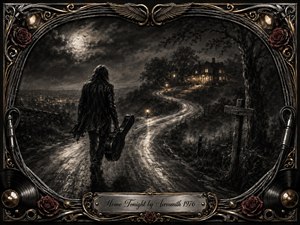 A lone musician carrying a guitar case walks along a rain-slick, winding road toward a warmly lit house beneath a cloudy moonlit sky. Deep charcoal textures, silvery grays, muted gold highlights, and dark red roses create a wistful, cinematic mood, framed by ornate chrome, guitar strings, vinyl motifs, and engraved detailing.
