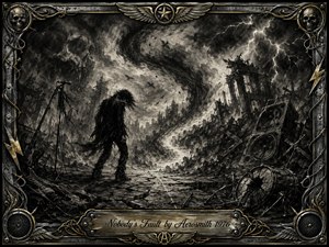 A lone rock figure stands amid a shattered, storm-ravaged wasteland as swirling charcoal clouds, lightning, ruined buildings, broken speakers, and battered instruments suggest chaos and consequence. Deep blacks, smoky grays, and metallic highlights create a brooding mood, framed by ornate chrome, gold accents, skulls, wings, wires, and an engraved title plate.