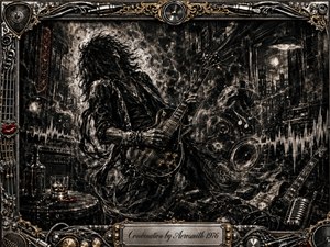 A shadowy guitarist dominates a smoky, industrial rock setting, captured in deep feathered charcoal with fierce motion and gritty texture. Swirling sound waves, speakers, cables, and musical hardware surround the figure beneath dramatic high-contrast lighting. Chrome, gold, and crimson accents energize the ornate frame, anchored by an engraved title plate.
