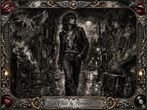 A lone leather-clad rocker strides through a rain-darkened city alley, surrounded by smoky shadows, glowing streetlights, speakers, cables, and ghosted musical imagery. Deep feathered charcoal textures create a gritty, defiant mood, while chrome, gold filigree, red lips, vinyl motifs, and an engraved title plate form an ornate rock-and-roll frame.