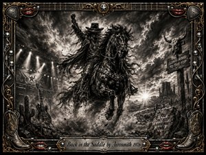 A fierce black horse and shadowed cowboy charge through a stormy desert fused with a rock concert stage, radiating defiance and triumphant return. Deep feathered charcoal textures dominate, accented by chrome, gold filigree, red lips, guitars, spotlights, and western boots. Dramatic backlighting and swirling dust intensify the powerful, rebellious composition.