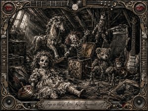 A shadowy attic teems with eerie vintage toys, including a cracked porcelain doll, jack-in-the-box clown, rocking horse, teddy bear, marionette, and toy soldiers. Deep feathered charcoal textures, sepia highlights, and muted reds create a sinister rock-and-roll mood, framed by ornate chrome, gold, guitar, record, and speaker details.