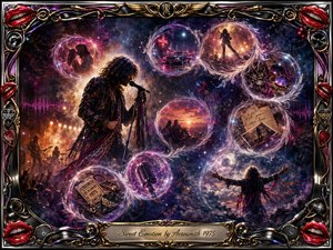 A flamboyant rock singer leans into a microphone amid smoky stage lights, surrounded by glowing feathered memory bubbles flowing in an S-curve. Deep purples, crimson, blue, chrome, and gold create a seductive, nostalgic atmosphere. An ornate rock-themed frame features red lips, musical hardware, cables, and an engraved title plate.