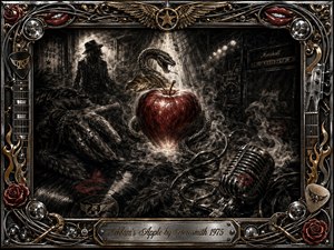A glowing crimson apple dominates a smoky, charcoal-dark backstage dreamscape, encircled by a serpent, reaching jeweled hand, vintage microphone, vinyl record, and shadowy amplifiers. Dramatic white light cuts through deep blacks, while red and gold accents sharpen the seductive, rebellious mood. An ornate chrome-and-gold rock frame completes the composition.
