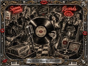 A lively charcoal-and-neon rock-and-roll scene centers on a gleaming ten-inch vinyl record amid dancing figures, musicians, guitars, drums, and a vintage microphone. Smoky blacks and sepia tones contrast with vivid red lips and neon signs, while ornate chrome-and-gold framing, piano keys, records, and memorabilia create a playful, nostalgic atmosphere.