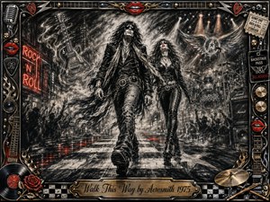 Two swaggering rock figures stride through a smoky concert-street scene rendered in richly feathered charcoal. Deep blacks, silvery grays, vivid red lips, and glowing neon accents heighten the rebellious mood. Dramatic spotlights, guitars, crowds, amplifiers, and reflections surround them, while an ornate chrome-and-gold memorabilia frame completes the energetic composition.