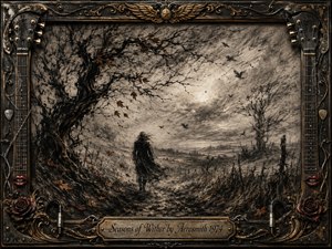 A solitary figure crosses a windswept, withered landscape beneath twisted trees and circling birds, rendered in deeply textured charcoal and smoky sepia tones. Pale, diffused light breaks through the stormy sky, creating a mournful, reflective mood. An ornate weathered metal frame incorporates guitars, roses, cables, red lips, and an engraved title plate.