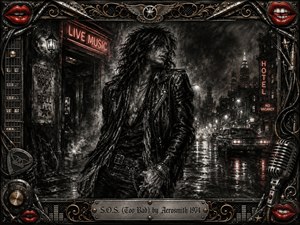 A solitary rocker stands on a rain-slicked city street beneath glowing neon signs, surrounded by smoky shadows and reflected lights. Deep feathered charcoal textures create a gritty, rebellious mood, accented by crimson lips and warm metallic details. An ornate music-themed frame of chrome, gold filigree, cables, knobs, and a vintage microphone completes the dramatic composition.