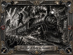 A roaring steam locomotive surges through a smoky nighttime rock concert, merging industrial power with Aerosmiths wild stage energy. Deep charcoal blacks, silver highlights, sparks, and sweeping spotlights create relentless motion. Musicians, raised crowd silhouettes, amplifiers, and graffiti surround the train, framed by ornate chrome, gold, speakers, strings, and red lips.