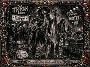 A swaggering rock frontman commands a rain-slicked 1970s nightclub street, surrounded by guitarists, crowds, neon signs, cables, and a vintage Cadillac. Deep feathered charcoal textures create a smoky, decadent mood, accented by chrome, gold, and vivid red details. An ornate music-themed frame and engraved title plate complete the dramatic composition.
