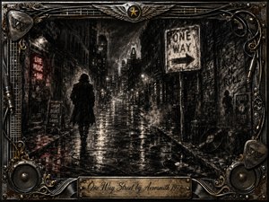 A solitary figure walks down a rain-soaked one-way city street beneath smoky night skies, surrounded by shadowed buildings, neon signs, and reflected lights. Deep feathered charcoal textures create a brooding rock-and-roll mood, accented by muted red and gold. An ornate metallic frame features guitar strings, speakers, cables, and an engraved title plate.
