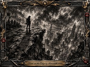 A lone figure stands on a shattered urban ledge overlooking a collapsing, storm-darkened city, evoking danger, isolation, and defiance. Deep charcoal textures, smoky grays, lightning, and fractured architecture create dramatic contrast and turbulent motion. A rugged chrome-and-gold rock frame, red lips, cables, and musical details surrounds the scene.